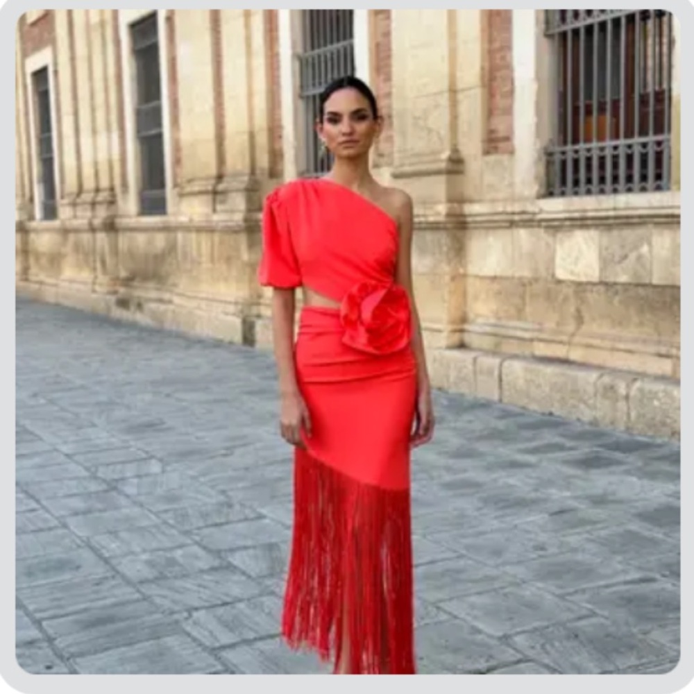 Red Fringe One Shoulder Dress